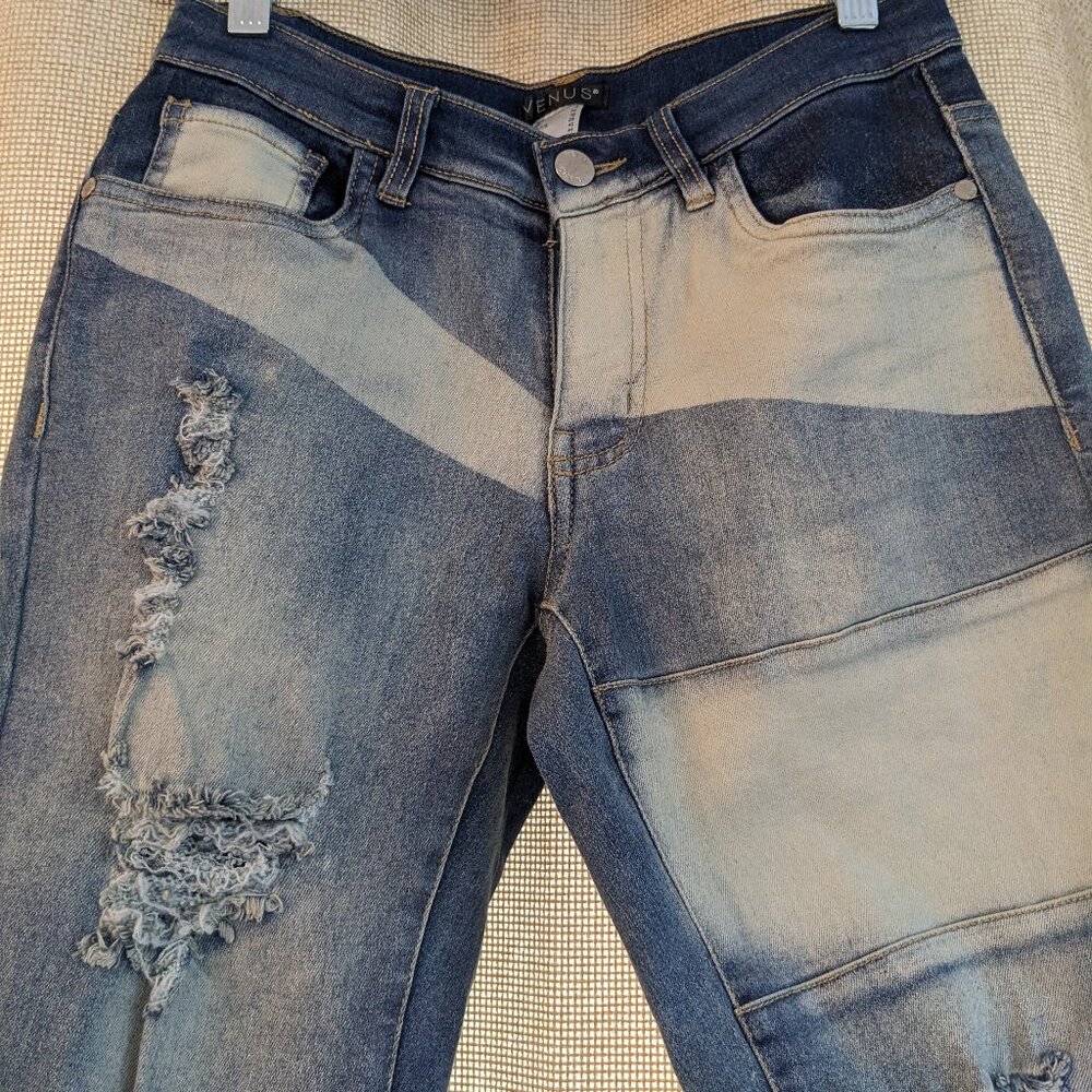 VENUS Patchwork Pattern Jeans, Distressed, 5 Pock… - image 1
